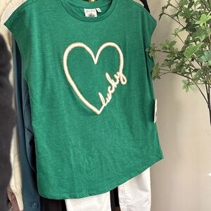 Green t shirt with raised lucky heart Design nwt St Patrick’s Day lucky Irish